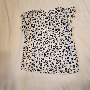 Girls White and Navy Leopard Print Ruffle Sleeve Top